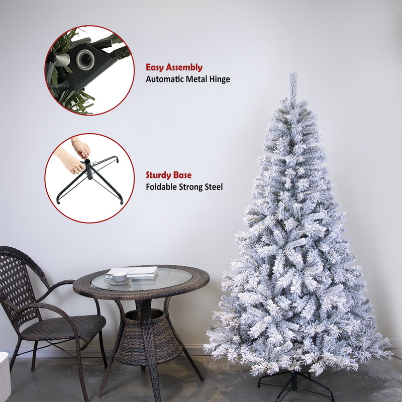 PINEFIELDS Flocked Christmas Tree 6FT, Artificial Christmas Tree with Snow, PVC Christmas Tree, Hinge, Metal Base